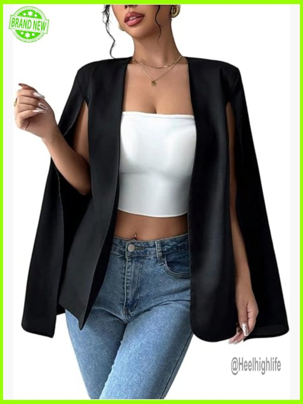 Open Front Cape Blazer Split Long Sleeve Work Office Coat Jacket Medium